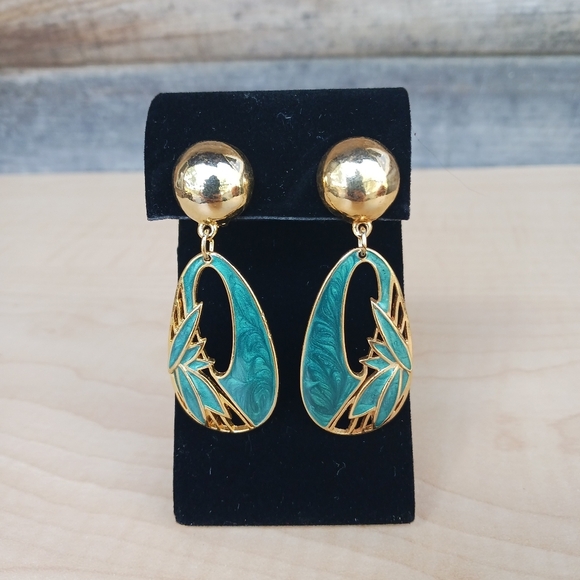 Edgar Berebi Jewelry - Vintage Edgar Berebi Signed Gold Tone Blue Enamel Dangle Earrings Clip On